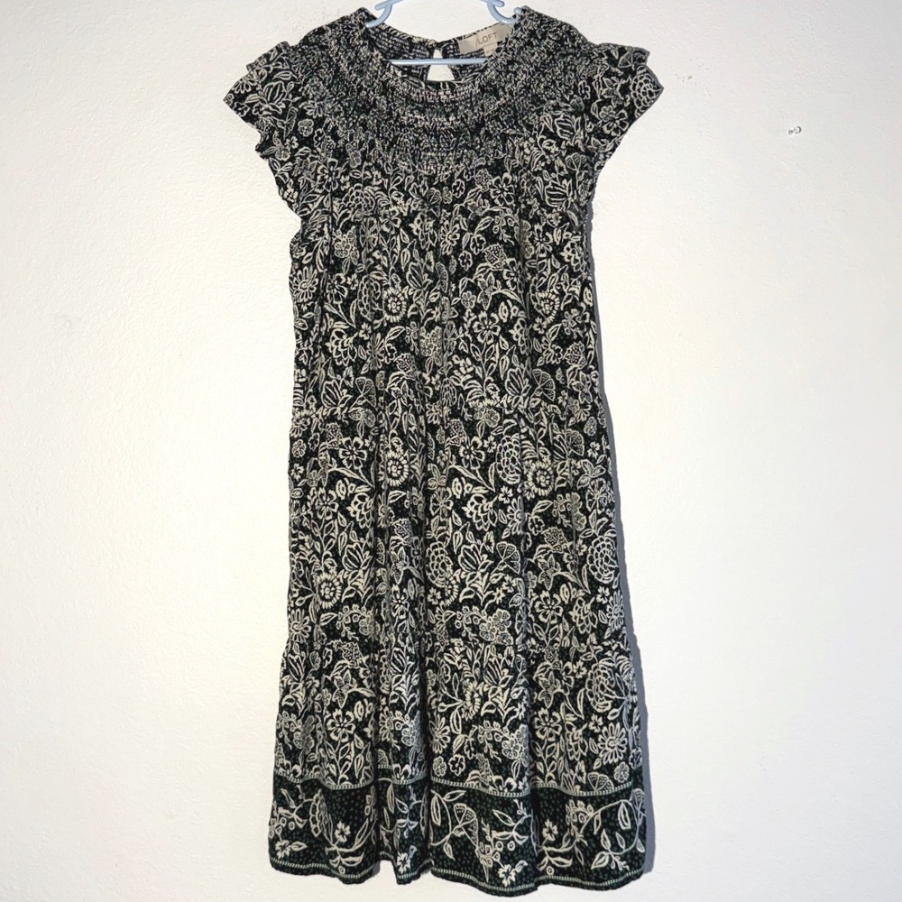 LOFT Petites Floral Smocked Tiered Mini Dress Black Green White SP